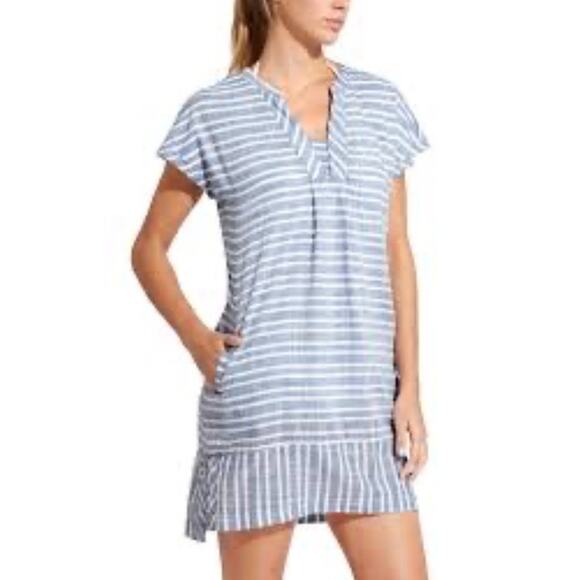 Athleta Blue Striped Barbados 100% Cotton Lined Short Sleeve Mini Dress Size XXS - Picture 1 of 10